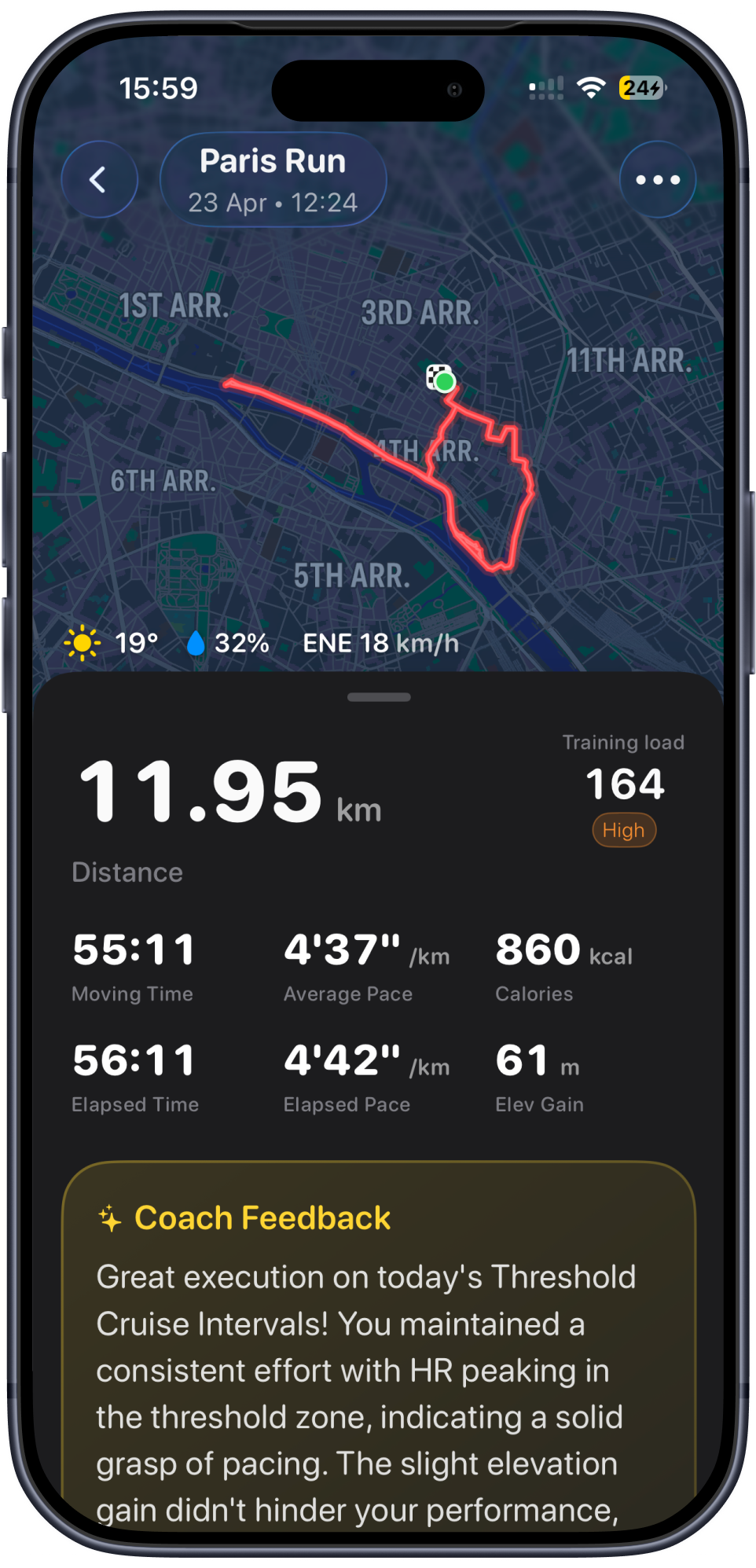 RunPT completed run with route map, training load, and coach feedback on iPhone