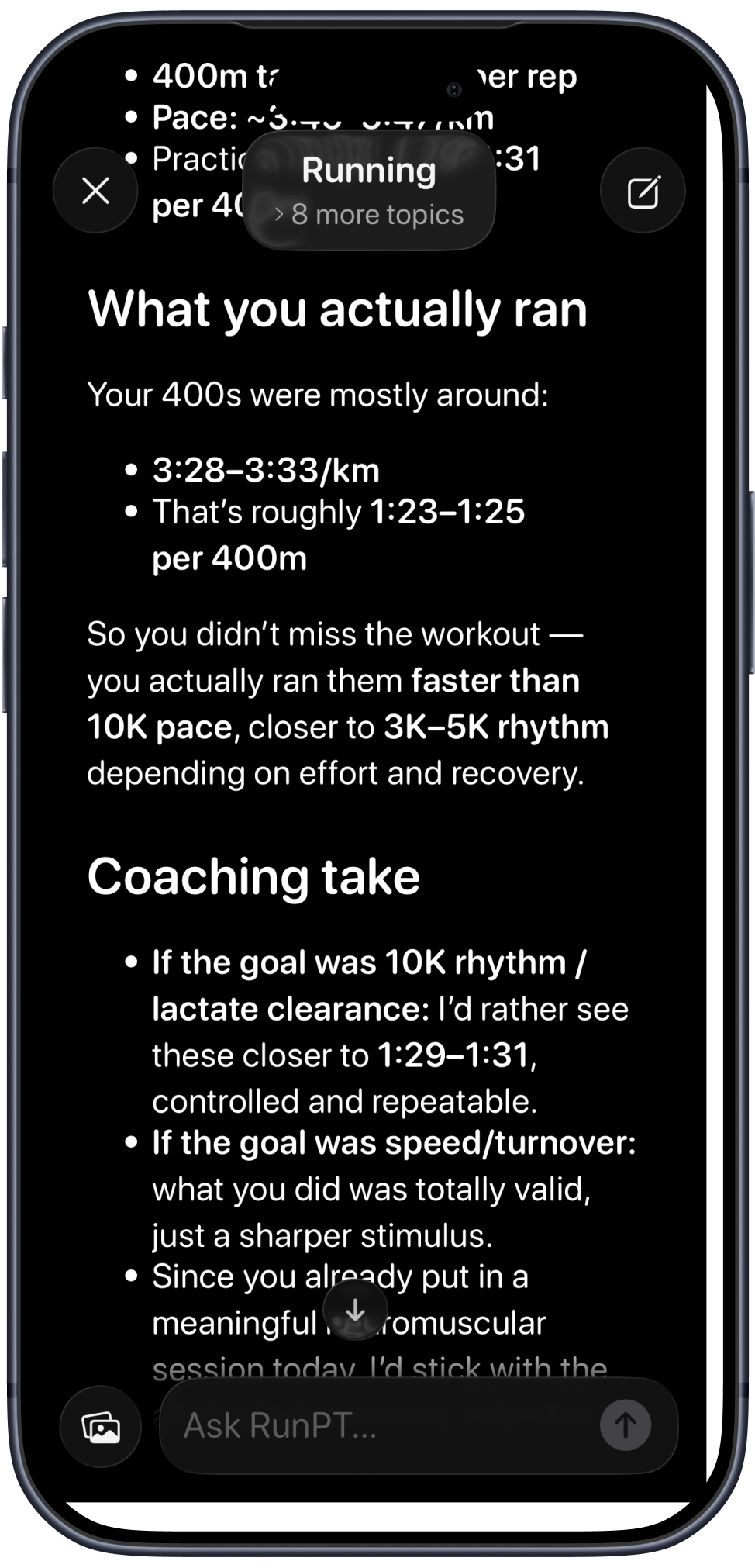 RunPT post-run analysis on iPhone