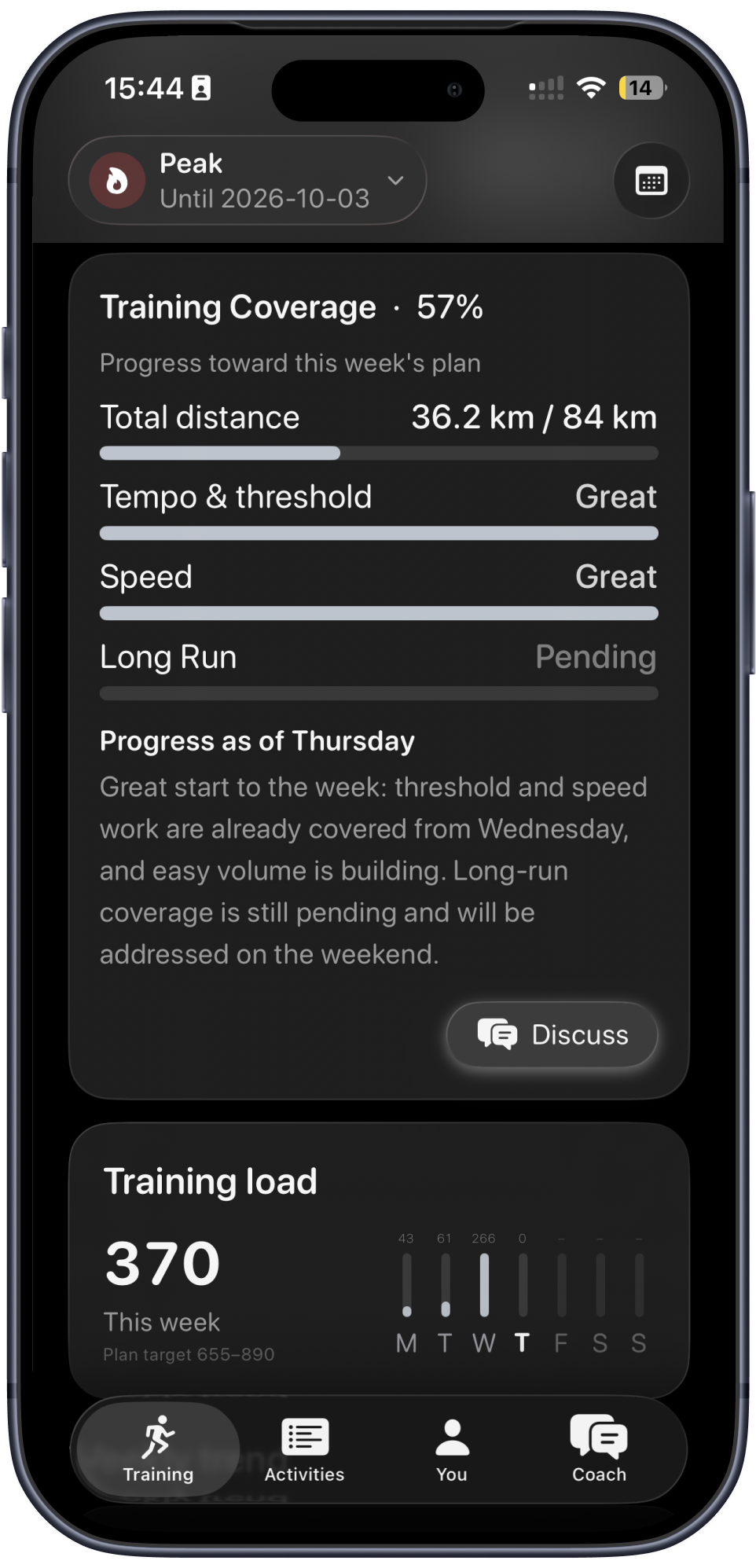 RunPT training coverage showing progress toward this week's plan on iPhone