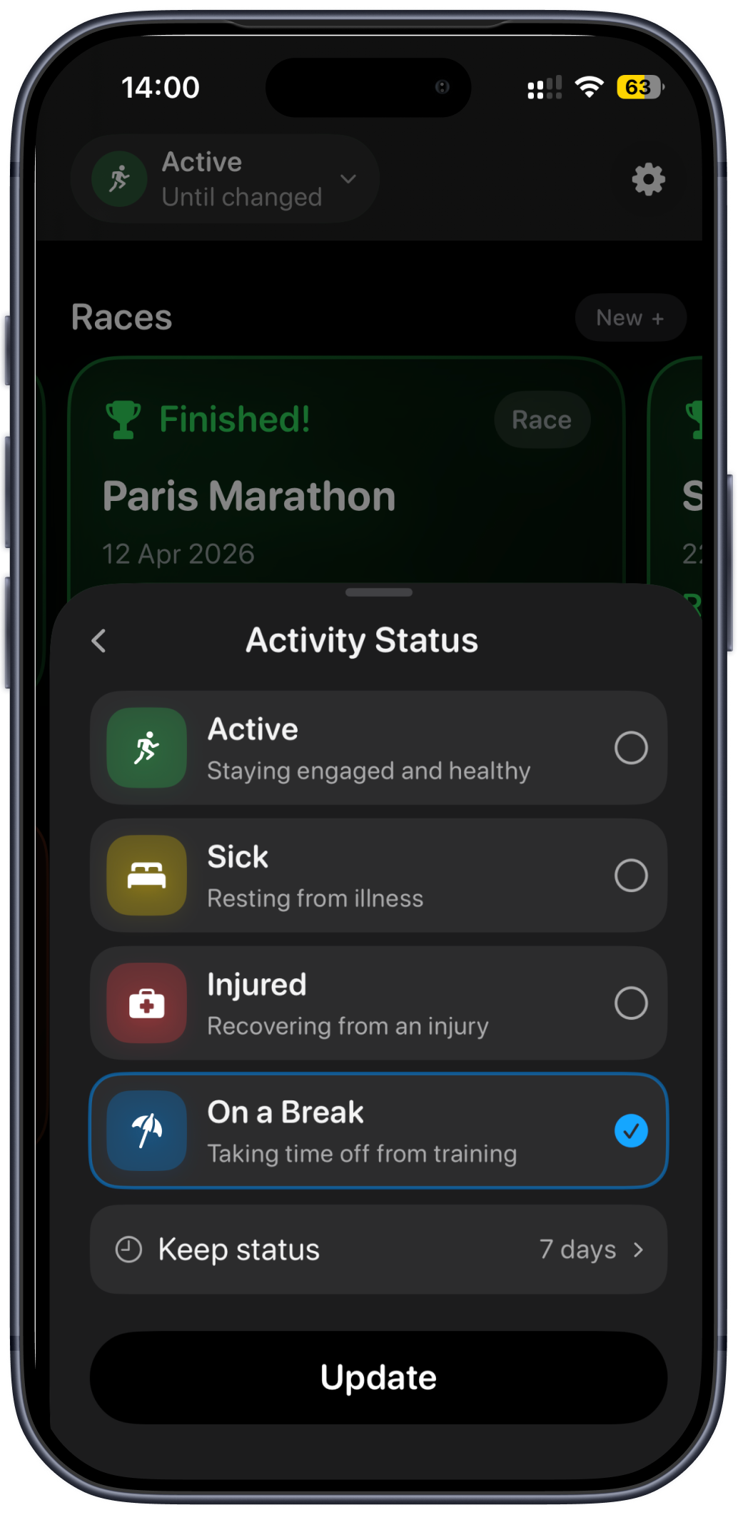 RunPT activity status set to On a Break on iPhone