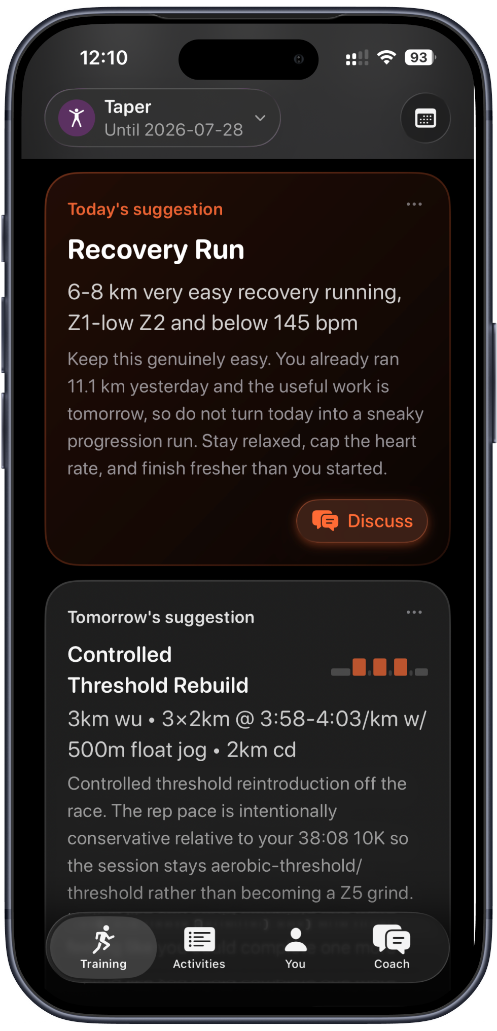 RunPT Today screen with recovery run guidance on iPhone