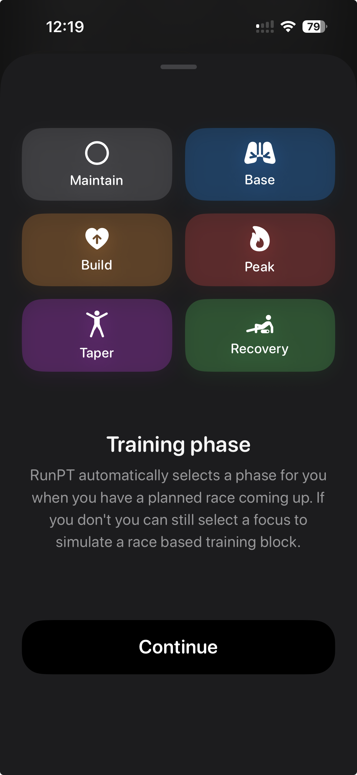 RunPT training phase options including Recovery on iPhone