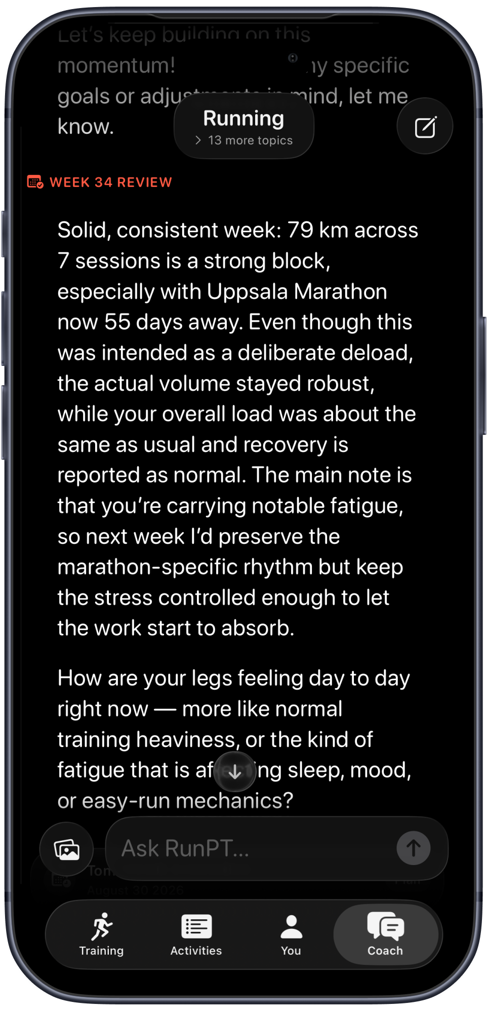 RunPT coach chat with a weekly training review on iPhone
